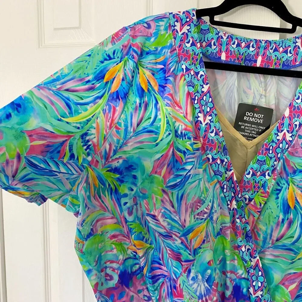 NWT Swim 365 Faux Wrap Tankini Top Tunic Rainbow Tie Dye Palm Size US 32 4XL